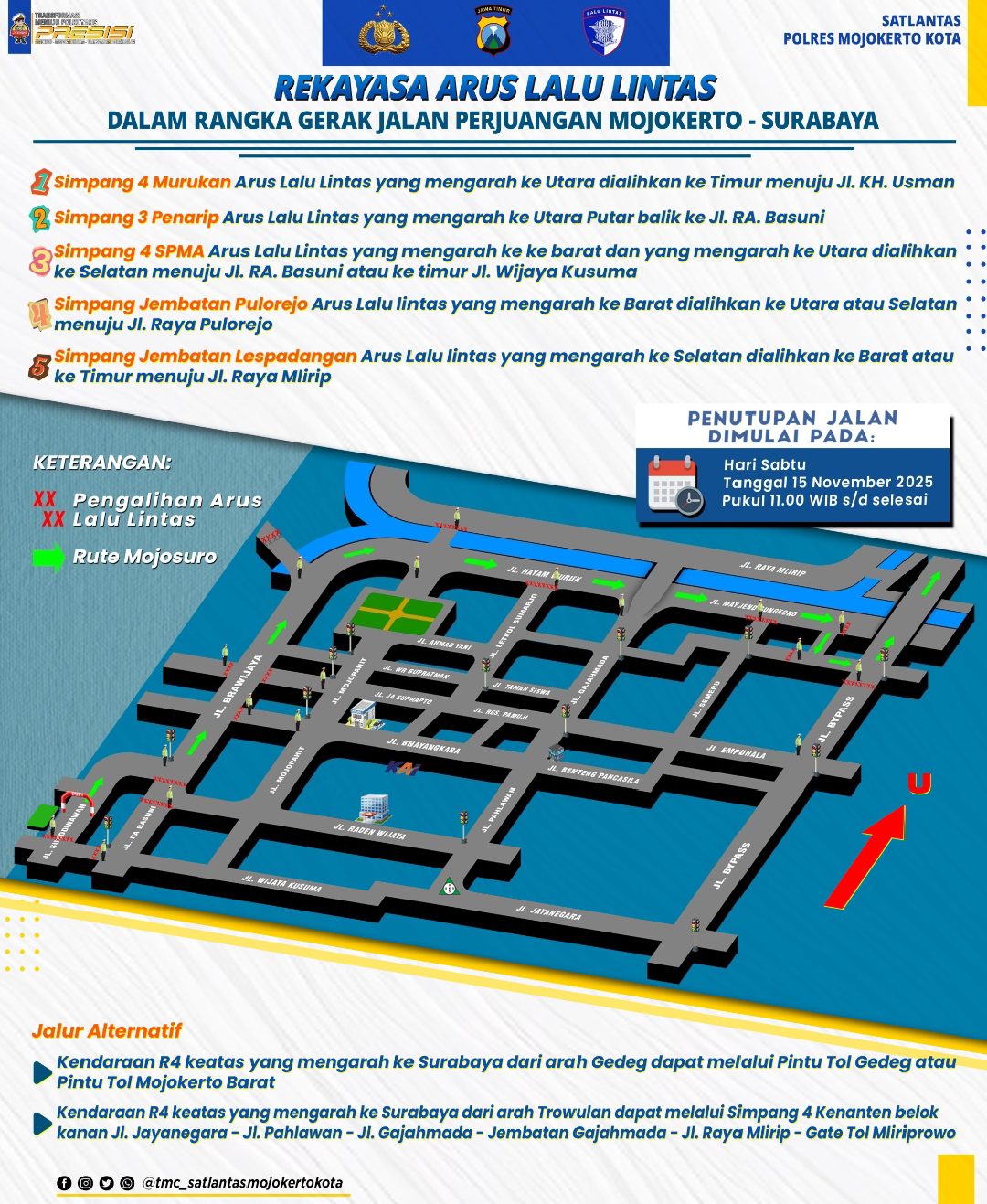 Rekayasa Lalu Lintas Mojokerto–Surabaya, Berikut Jalur yang Dialihkan Selama Gerak Jalan Perjuangan