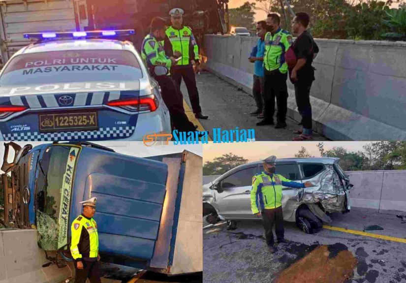 Xpander Pecah Ban di Tol SuMo, Truk Boks Tabrak dari Belakang hingga Hantam Guardrail